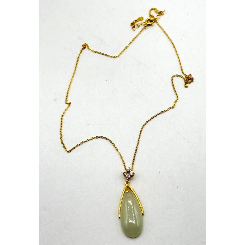 Elegant Jade Teardrop Gold Pendant Necklace With Cubic Zirconia Accent Sterling
